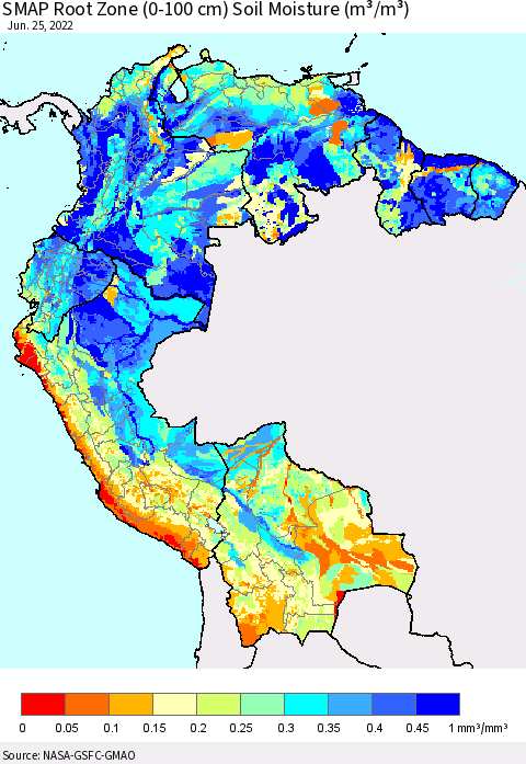 Northern South America SMAP Root Zone (0-100 cm) Soil Moisture (m³/m³) Thematic Map For 6/21/2022 - 6/25/2022