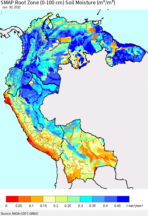Northern South America SMAP Root Zone (0-100 cm) Soil Moisture (m³/m³) Thematic Map For 6/26/2022 - 6/30/2022