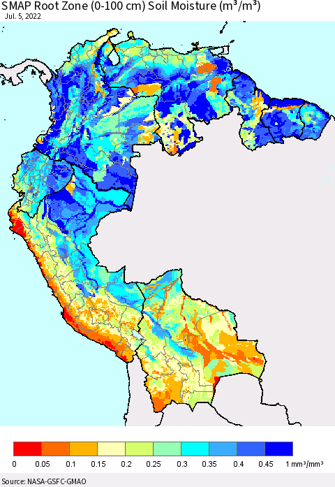 Northern South America SMAP Root Zone (0-100 cm) Soil Moisture (m³/m³) Thematic Map For 7/1/2022 - 7/5/2022