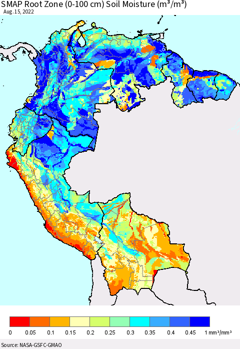Northern South America SMAP Root Zone (0-100 cm) Soil Moisture (m³/m³) Thematic Map For 8/11/2022 - 8/15/2022