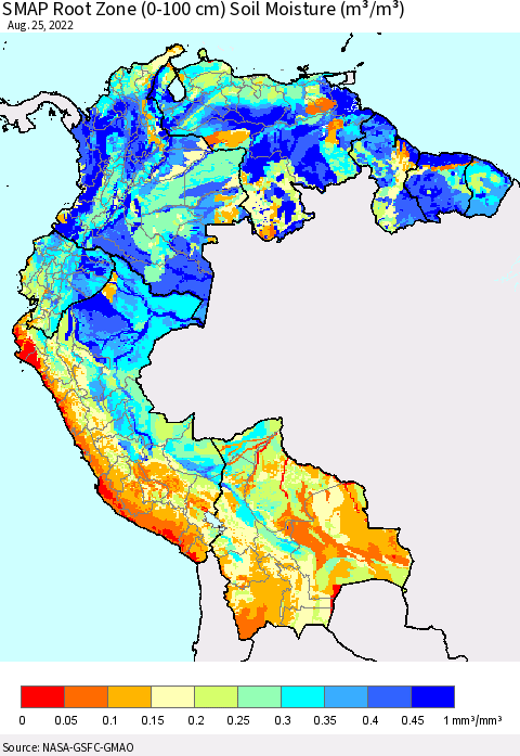 Northern South America SMAP Root Zone (0-100 cm) Soil Moisture (m³/m³) Thematic Map For 8/21/2022 - 8/25/2022