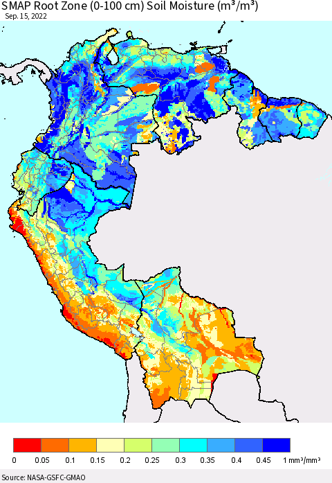 Northern South America SMAP Root Zone (0-100 cm) Soil Moisture (m³/m³) Thematic Map For 9/11/2022 - 9/15/2022