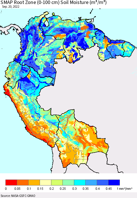 Northern South America SMAP Root Zone (0-100 cm) Soil Moisture (m³/m³) Thematic Map For 9/16/2022 - 9/20/2022