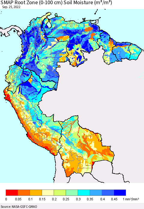 Northern South America SMAP Root Zone (0-100 cm) Soil Moisture (m³/m³) Thematic Map For 9/21/2022 - 9/25/2022