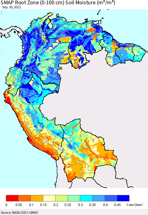 Northern South America SMAP Root Zone (0-100 cm) Soil Moisture (m³/m³) Thematic Map For 9/26/2022 - 9/30/2022