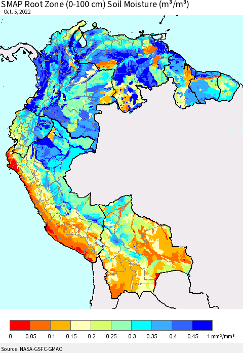 Northern South America SMAP Root Zone (0-100 cm) Soil Moisture (m³/m³) Thematic Map For 10/1/2022 - 10/5/2022