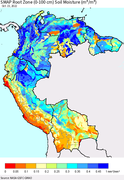 Northern South America SMAP Root Zone (0-100 cm) Soil Moisture (m³/m³) Thematic Map For 10/11/2022 - 10/15/2022
