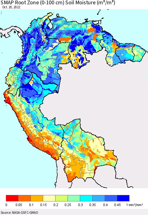 Northern South America SMAP Root Zone (0-100 cm) Soil Moisture (m³/m³) Thematic Map For 10/16/2022 - 10/20/2022