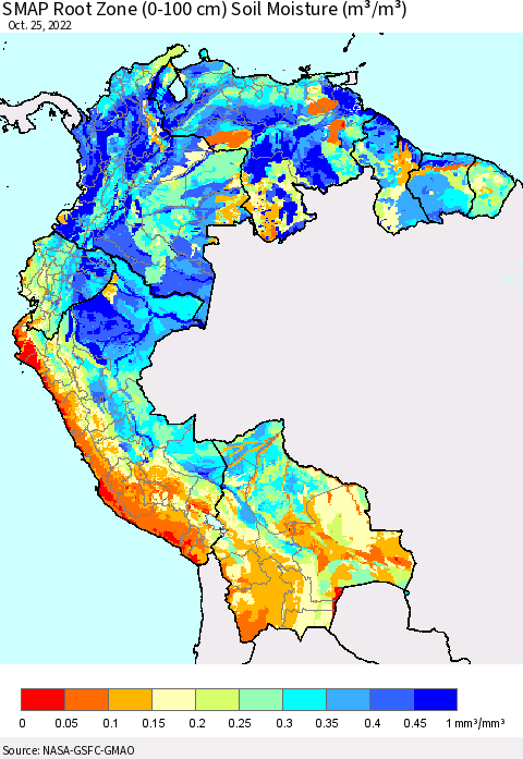 Northern South America SMAP Root Zone (0-100 cm) Soil Moisture (m³/m³) Thematic Map For 10/21/2022 - 10/25/2022