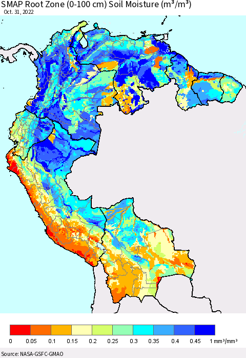 Northern South America SMAP Root Zone (0-100 cm) Soil Moisture (m³/m³) Thematic Map For 10/26/2022 - 10/31/2022