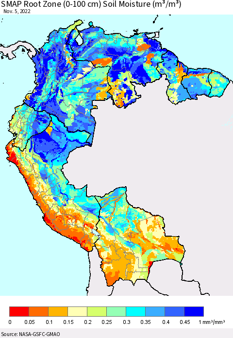 Northern South America SMAP Root Zone (0-100 cm) Soil Moisture (m³/m³) Thematic Map For 11/1/2022 - 11/5/2022