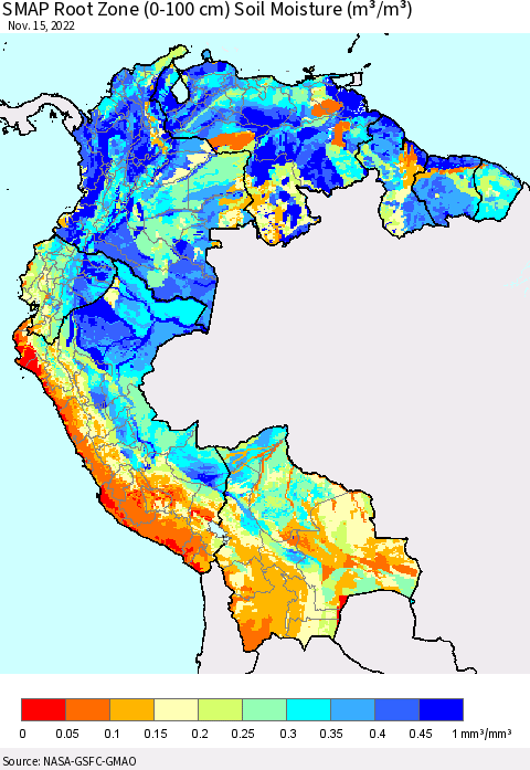 Northern South America SMAP Root Zone (0-100 cm) Soil Moisture (m³/m³) Thematic Map For 11/11/2022 - 11/15/2022