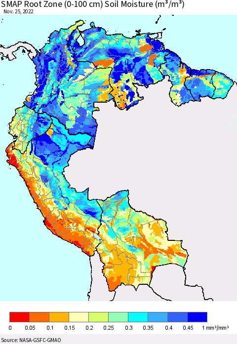 Northern South America SMAP Root Zone (0-100 cm) Soil Moisture (m³/m³) Thematic Map For 11/21/2022 - 11/25/2022