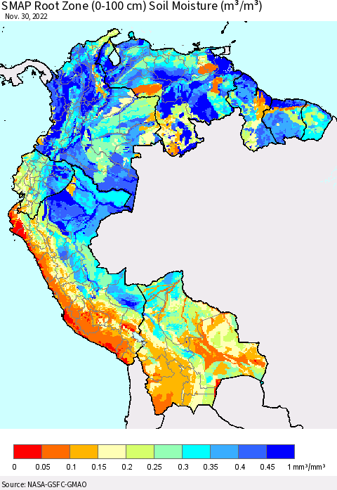 Northern South America SMAP Root Zone (0-100 cm) Soil Moisture (m³/m³) Thematic Map For 11/26/2022 - 11/30/2022