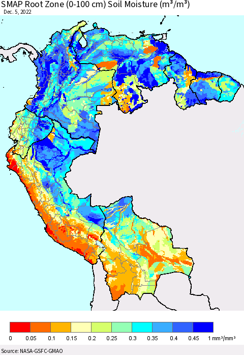 Northern South America SMAP Root Zone (0-100 cm) Soil Moisture (m³/m³) Thematic Map For 12/1/2022 - 12/5/2022