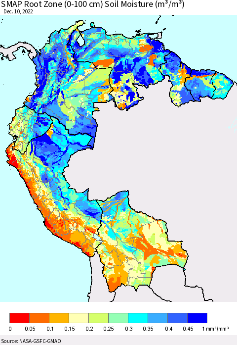Northern South America SMAP Root Zone (0-100 cm) Soil Moisture (m³/m³) Thematic Map For 12/6/2022 - 12/10/2022