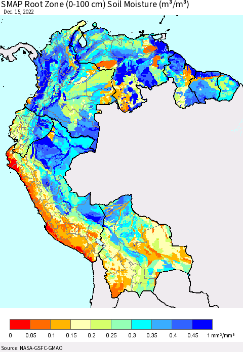 Northern South America SMAP Root Zone (0-100 cm) Soil Moisture (m³/m³) Thematic Map For 12/11/2022 - 12/15/2022