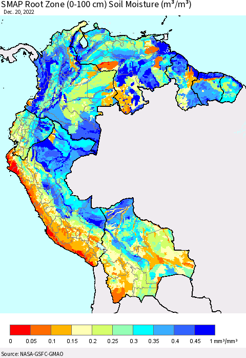 Northern South America SMAP Root Zone (0-100 cm) Soil Moisture (m³/m³) Thematic Map For 12/16/2022 - 12/20/2022