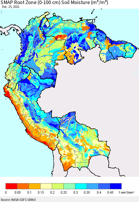 Northern South America SMAP Root Zone (0-100 cm) Soil Moisture (m³/m³) Thematic Map For 12/21/2022 - 12/25/2022
