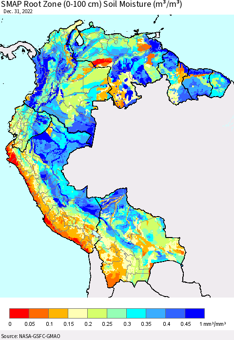 Northern South America SMAP Root Zone (0-100 cm) Soil Moisture (m³/m³) Thematic Map For 12/26/2022 - 12/31/2022
