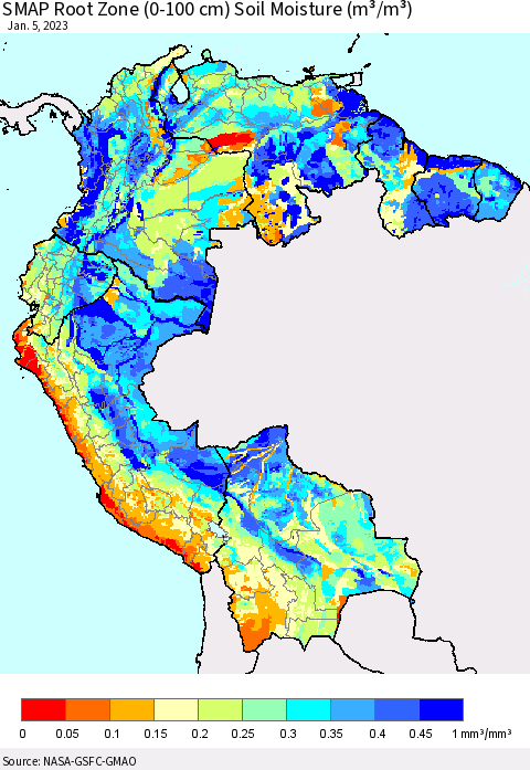 Northern South America SMAP Root Zone (0-100 cm) Soil Moisture (m³/m³) Thematic Map For 1/1/2023 - 1/5/2023