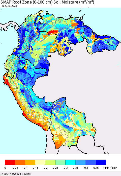 Northern South America SMAP Root Zone (0-100 cm) Soil Moisture (m³/m³) Thematic Map For 1/6/2023 - 1/10/2023
