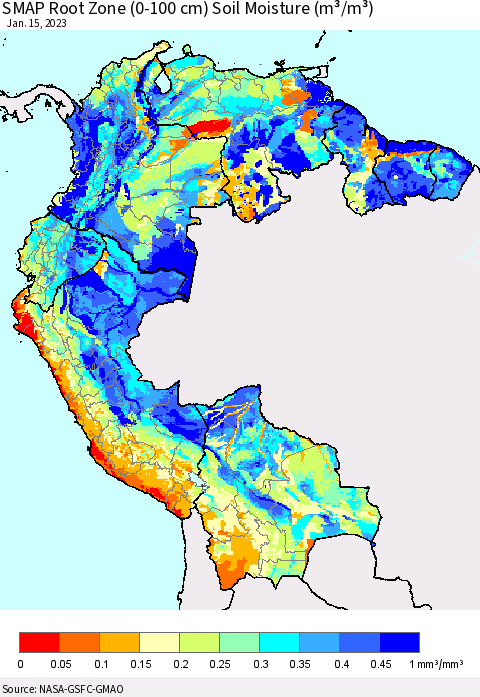 Northern South America SMAP Root Zone (0-100 cm) Soil Moisture (m³/m³) Thematic Map For 1/11/2023 - 1/15/2023