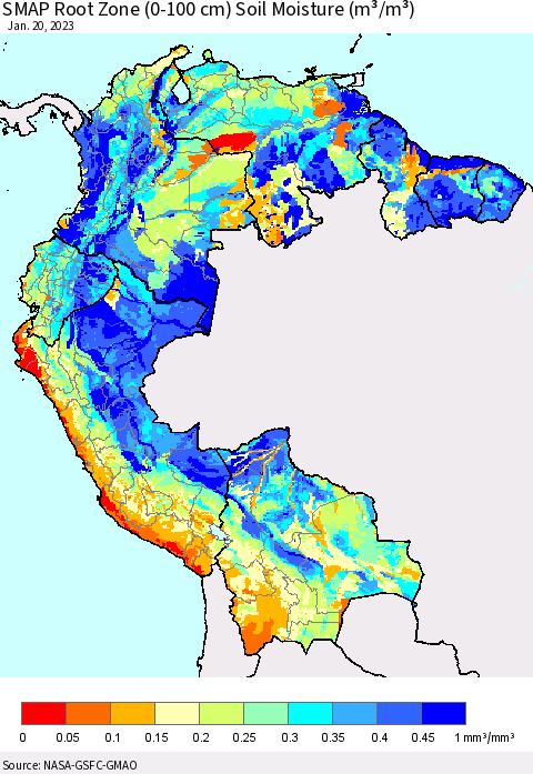 Northern South America SMAP Root Zone (0-100 cm) Soil Moisture (m³/m³) Thematic Map For 1/16/2023 - 1/20/2023