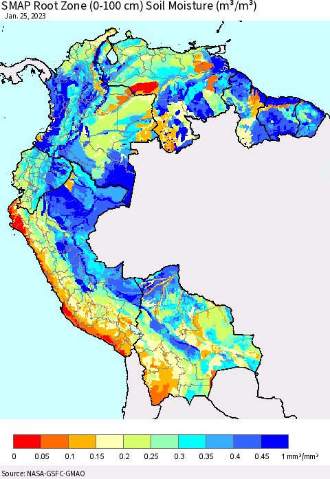 Northern South America SMAP Root Zone (0-100 cm) Soil Moisture (m³/m³) Thematic Map For 1/21/2023 - 1/25/2023