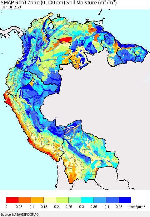 Northern South America SMAP Root Zone (0-100 cm) Soil Moisture (m³/m³) Thematic Map For 1/26/2023 - 1/31/2023