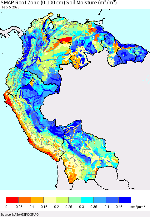 Northern South America SMAP Root Zone (0-100 cm) Soil Moisture (m³/m³) Thematic Map For 2/1/2023 - 2/5/2023