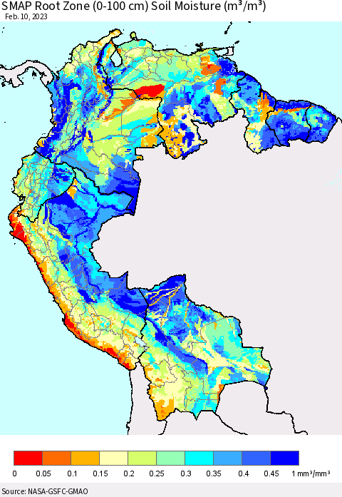 Northern South America SMAP Root Zone (0-100 cm) Soil Moisture (m³/m³) Thematic Map For 2/6/2023 - 2/10/2023