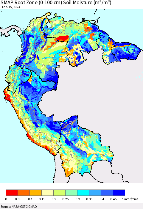 Northern South America SMAP Root Zone (0-100 cm) Soil Moisture (m³/m³) Thematic Map For 2/11/2023 - 2/15/2023