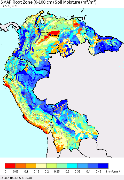 Northern South America SMAP Root Zone (0-100 cm) Soil Moisture (m³/m³) Thematic Map For 2/21/2023 - 2/25/2023