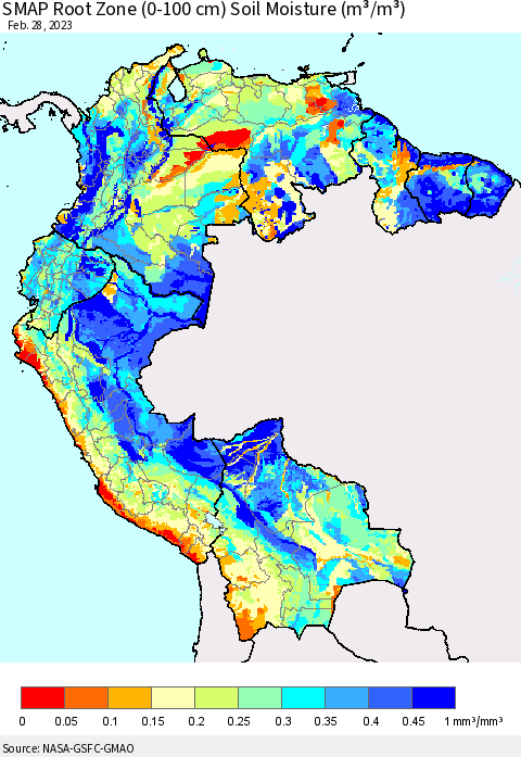 Northern South America SMAP Root Zone (0-100 cm) Soil Moisture (m³/m³) Thematic Map For 2/26/2023 - 2/28/2023