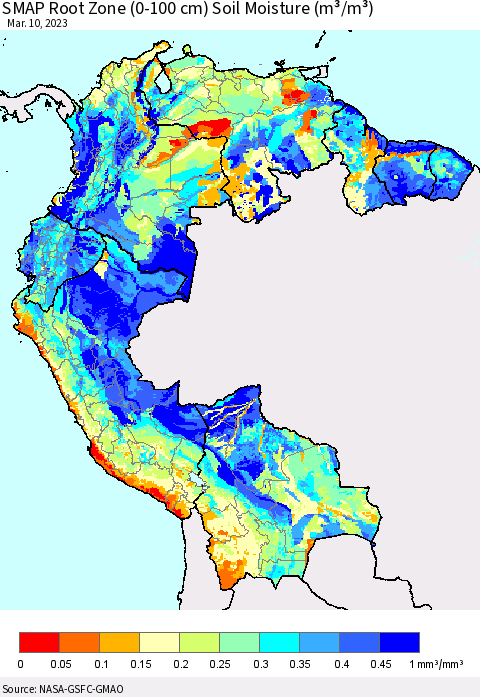 Northern South America SMAP Root Zone (0-100 cm) Soil Moisture (m³/m³) Thematic Map For 3/6/2023 - 3/10/2023