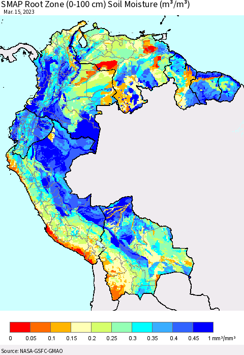 Northern South America SMAP Root Zone (0-100 cm) Soil Moisture (m³/m³) Thematic Map For 3/11/2023 - 3/15/2023