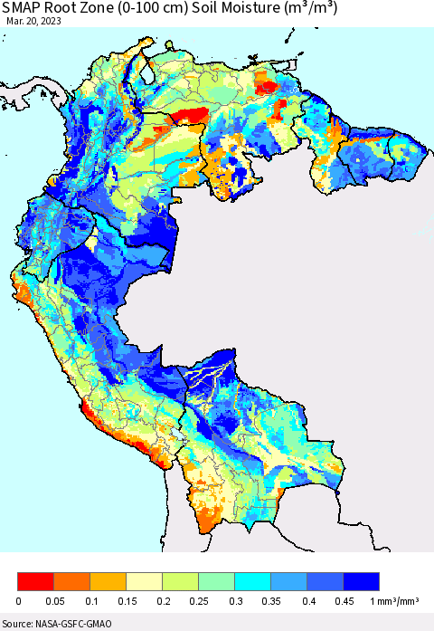 Northern South America SMAP Root Zone (0-100 cm) Soil Moisture (m³/m³) Thematic Map For 3/16/2023 - 3/20/2023