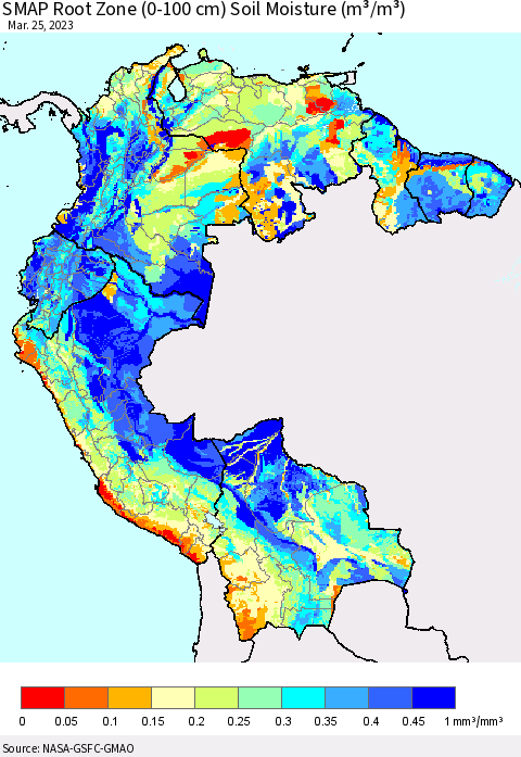 Northern South America SMAP Root Zone (0-100 cm) Soil Moisture (m³/m³) Thematic Map For 3/21/2023 - 3/25/2023