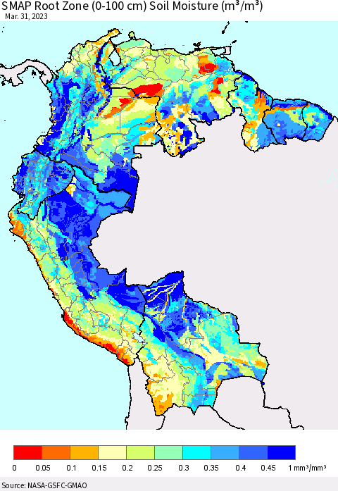 Northern South America SMAP Root Zone (0-100 cm) Soil Moisture (m³/m³) Thematic Map For 3/26/2023 - 3/31/2023