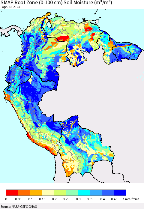 Northern South America SMAP Root Zone (0-100 cm) Soil Moisture (m³/m³) Thematic Map For 4/16/2023 - 4/20/2023