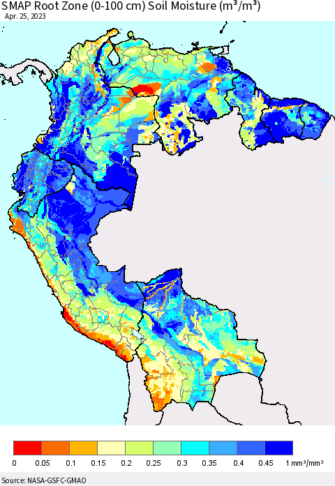 Northern South America SMAP Root Zone (0-100 cm) Soil Moisture (m³/m³) Thematic Map For 4/21/2023 - 4/25/2023