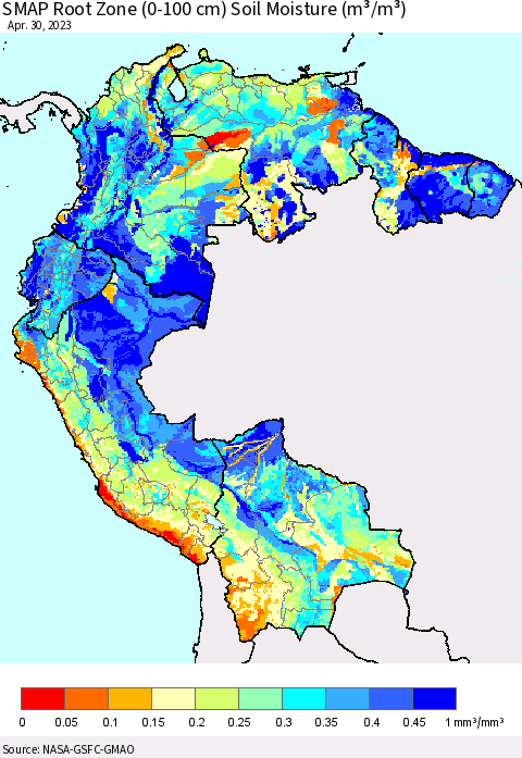 Northern South America SMAP Root Zone (0-100 cm) Soil Moisture (m³/m³) Thematic Map For 4/26/2023 - 4/30/2023