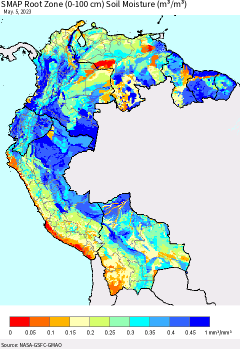 Northern South America SMAP Root Zone (0-100 cm) Soil Moisture (m³/m³) Thematic Map For 5/1/2023 - 5/5/2023