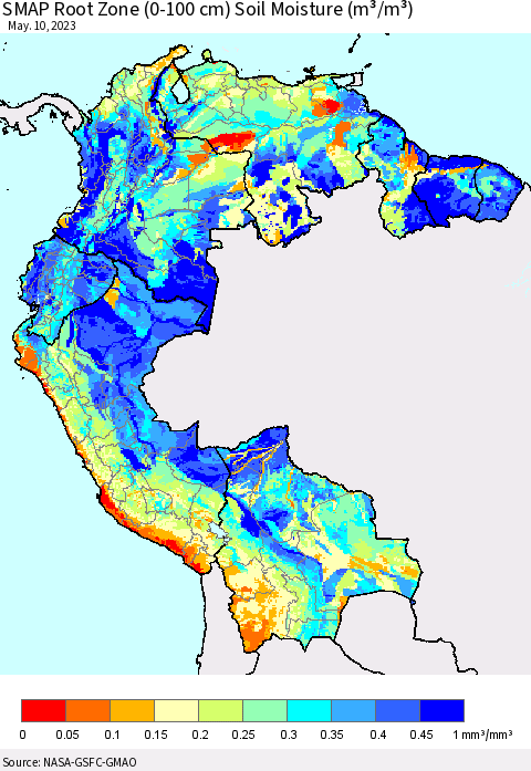 Northern South America SMAP Root Zone (0-100 cm) Soil Moisture (m³/m³) Thematic Map For 5/6/2023 - 5/10/2023