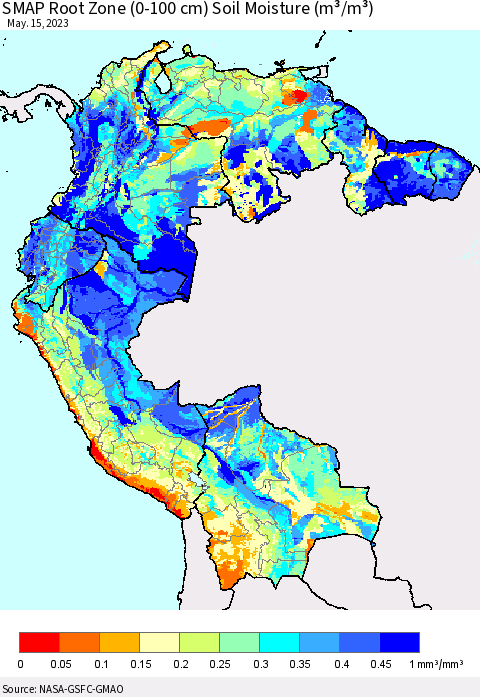 Northern South America SMAP Root Zone (0-100 cm) Soil Moisture (m³/m³) Thematic Map For 5/11/2023 - 5/15/2023