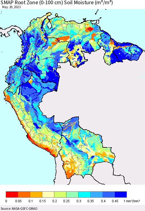 Northern South America SMAP Root Zone (0-100 cm) Soil Moisture (m³/m³) Thematic Map For 5/16/2023 - 5/20/2023