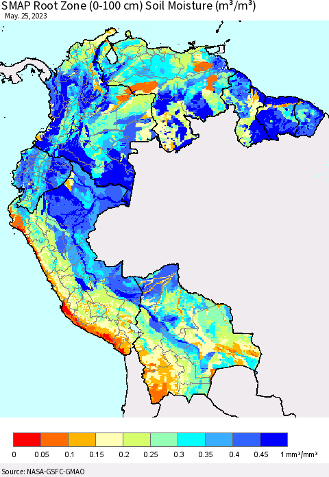 Northern South America SMAP Root Zone (0-100 cm) Soil Moisture (m³/m³) Thematic Map For 5/21/2023 - 5/25/2023
