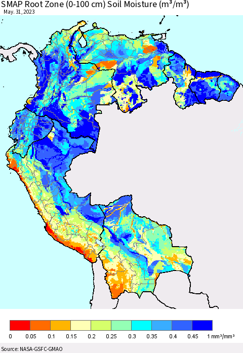 Northern South America SMAP Root Zone (0-100 cm) Soil Moisture (m³/m³) Thematic Map For 5/26/2023 - 5/31/2023