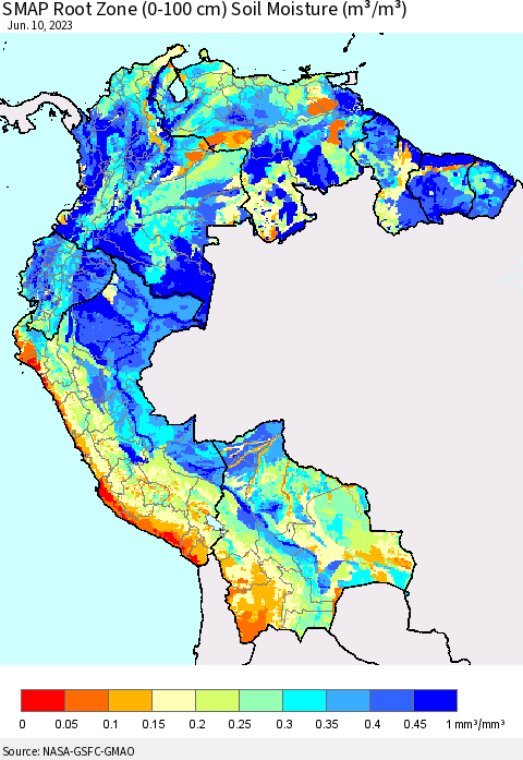 Northern South America SMAP Root Zone (0-100 cm) Soil Moisture (m³/m³) Thematic Map For 6/6/2023 - 6/10/2023